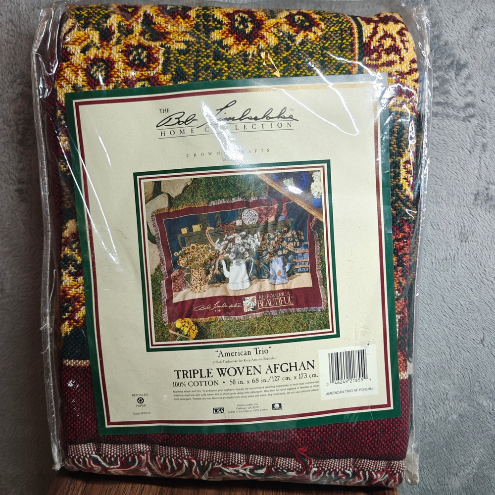 VTG Bob Timberlake Triple Woven Afghan Blanket 50x68 Red Green American Trio USA